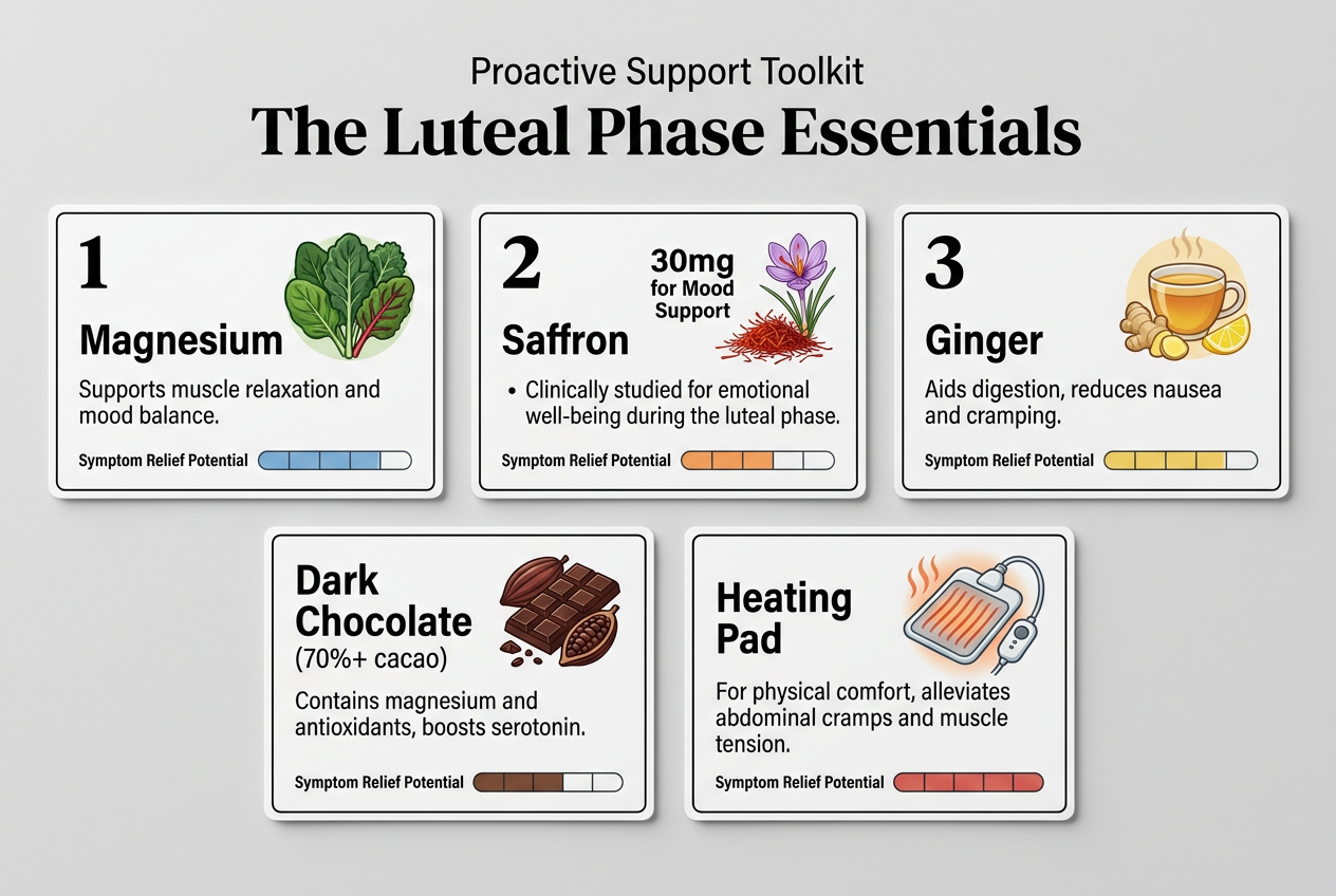 Tactical checklist of period support items including magnesium, saffron, ginger tea, dark chocolate, and a heating pad for partner support.