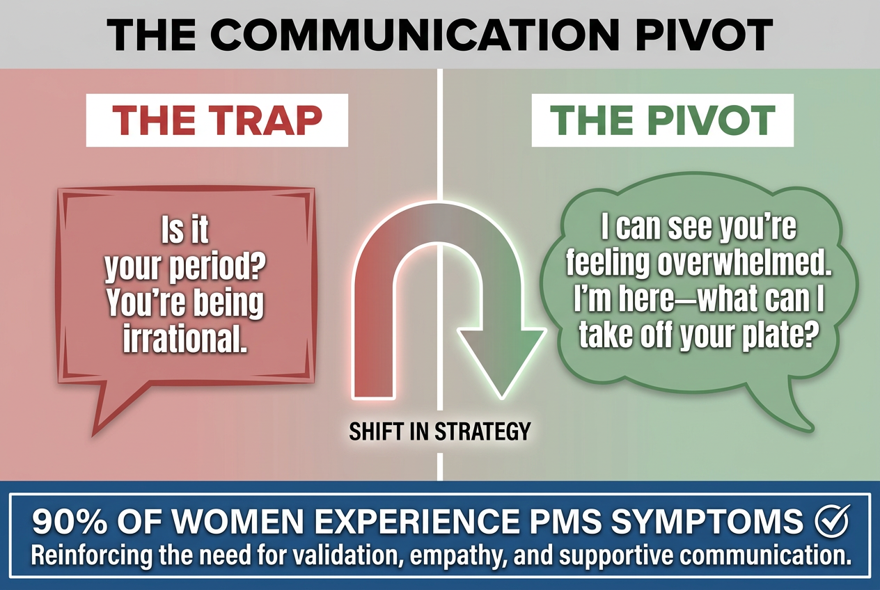 Comparison graphic showing 'The Trap' of dismissing period moods versus 'The Pivot' of using validating and supportive communication scripts.