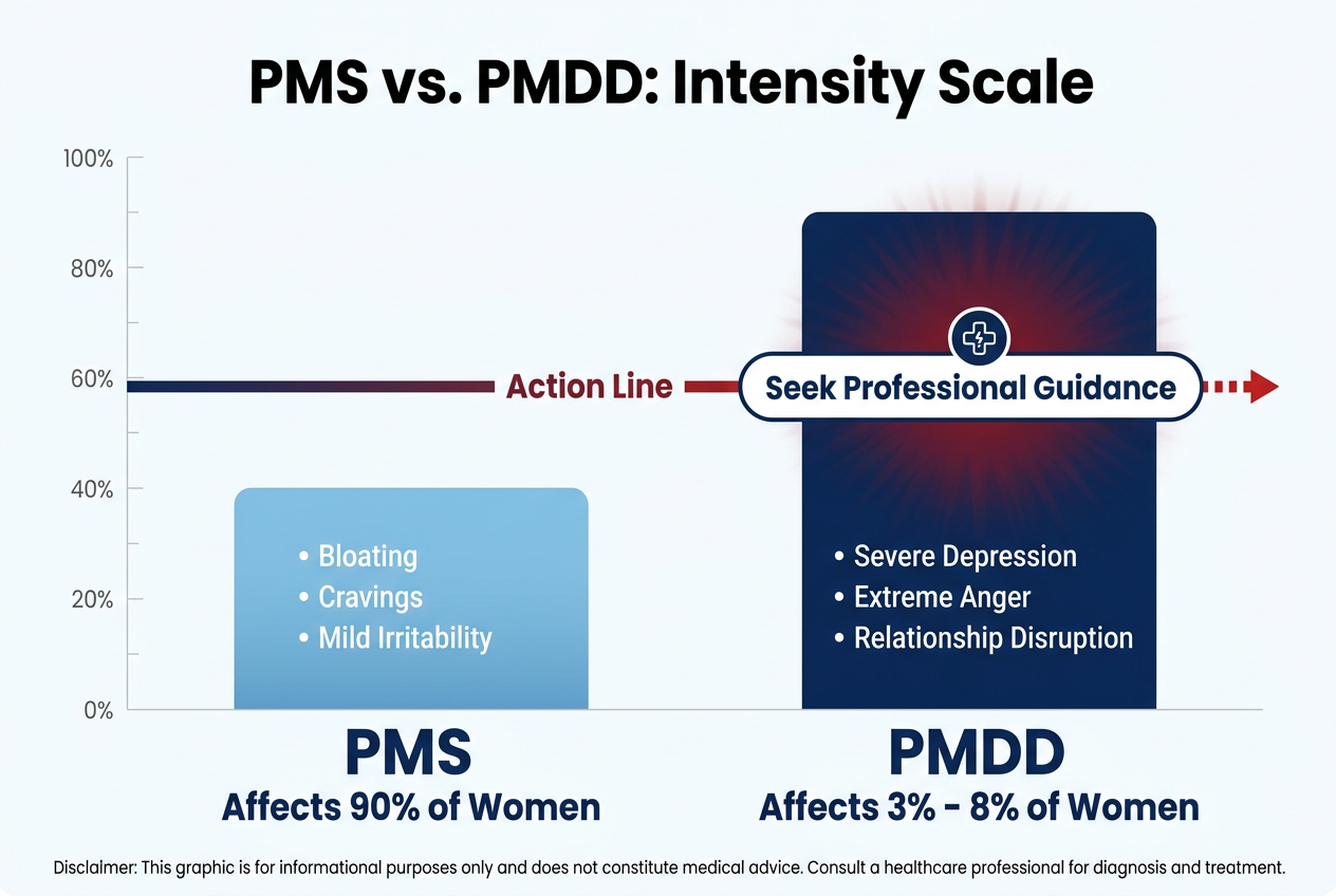 Comparison bar chart showing the difference in symptom severity and prevalence between standard PMS and Premenstrual Dysphoric Disorder (PMDD).