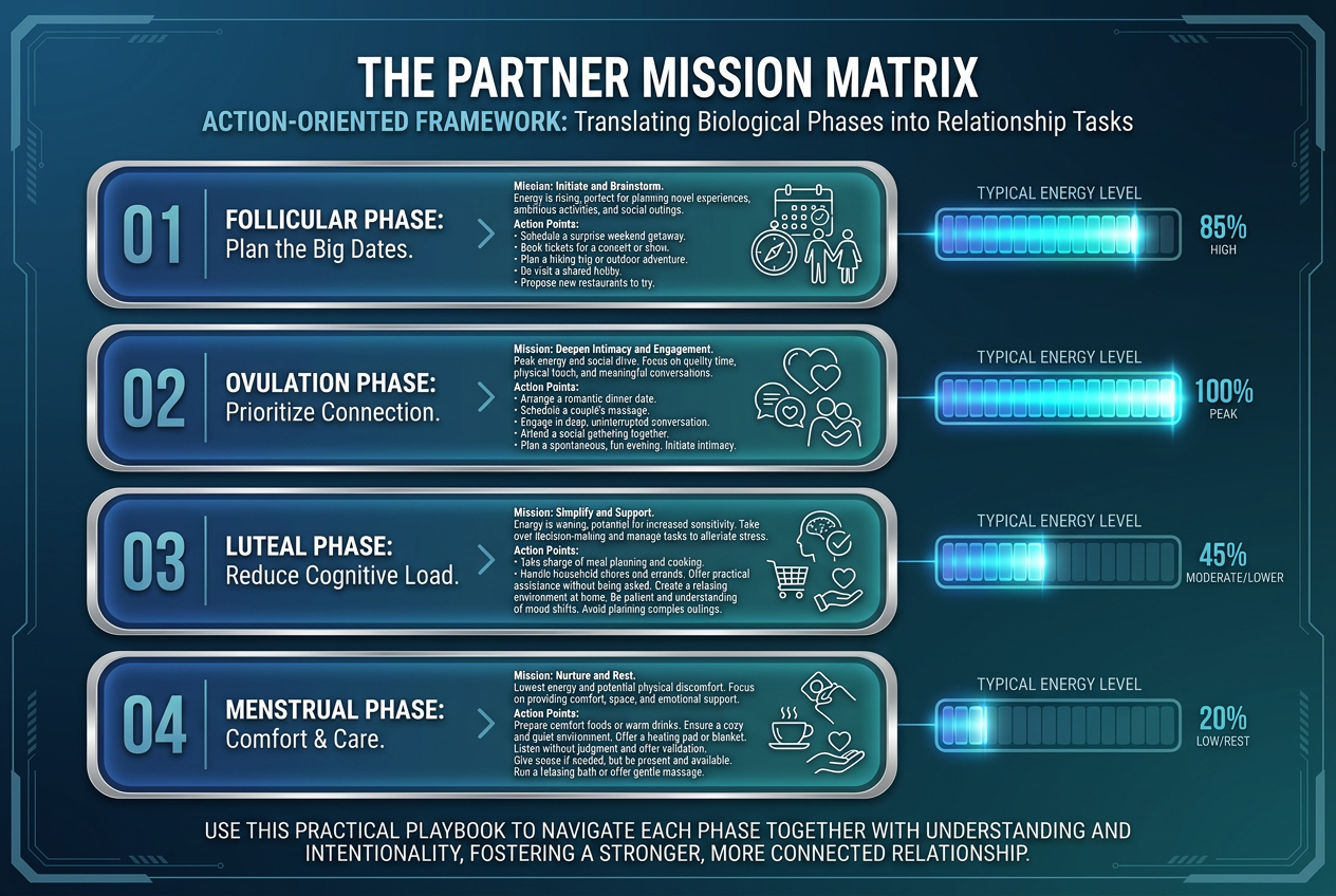 A partner mission matrix for Clue app users, mapping cycle phases like Follicular and Luteal to specific supportive actions for relationship harmony.