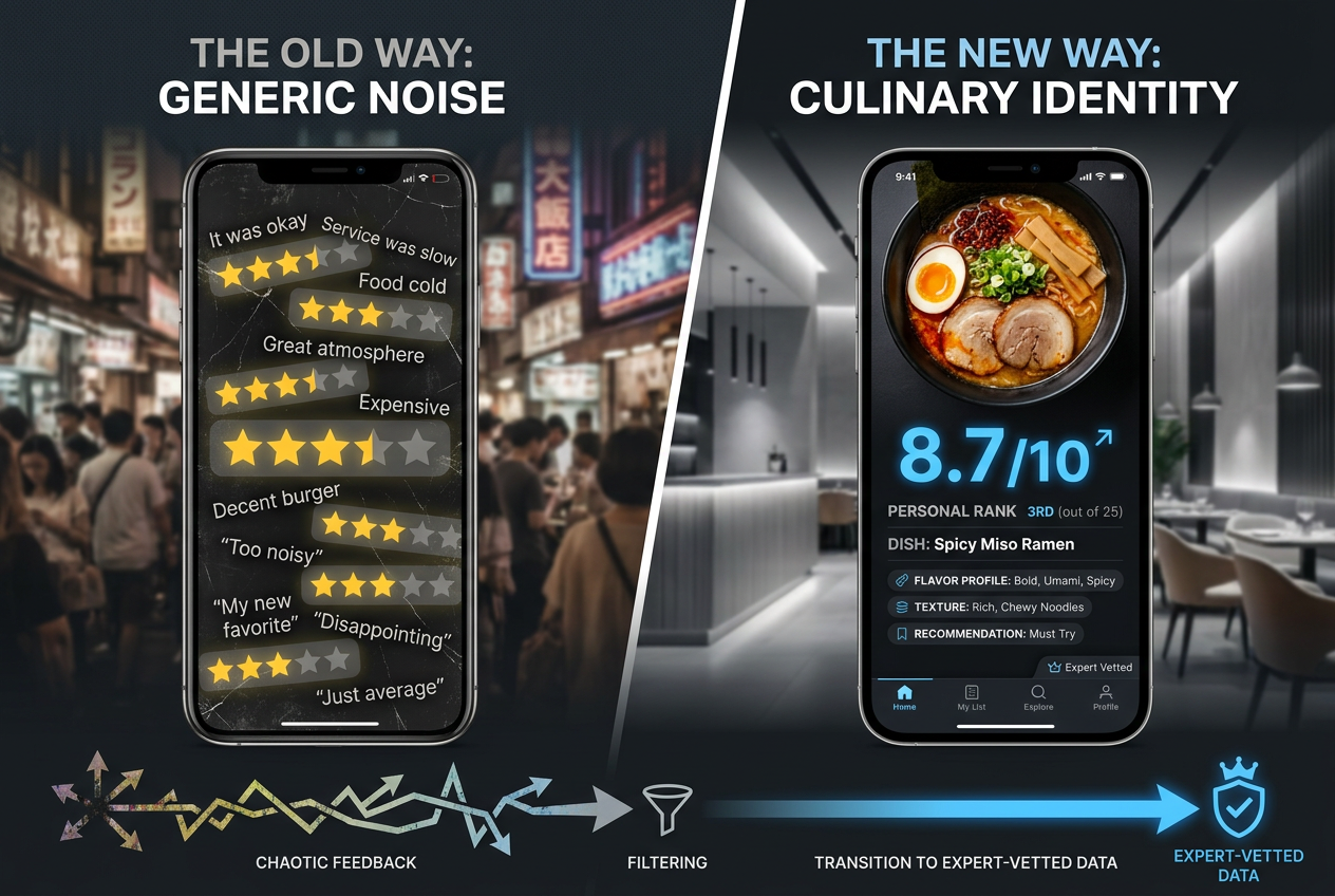 Comparison of traditional 5-star restaurant review systems versus modern, dish-specific digital culinary identity platforms for foodies.