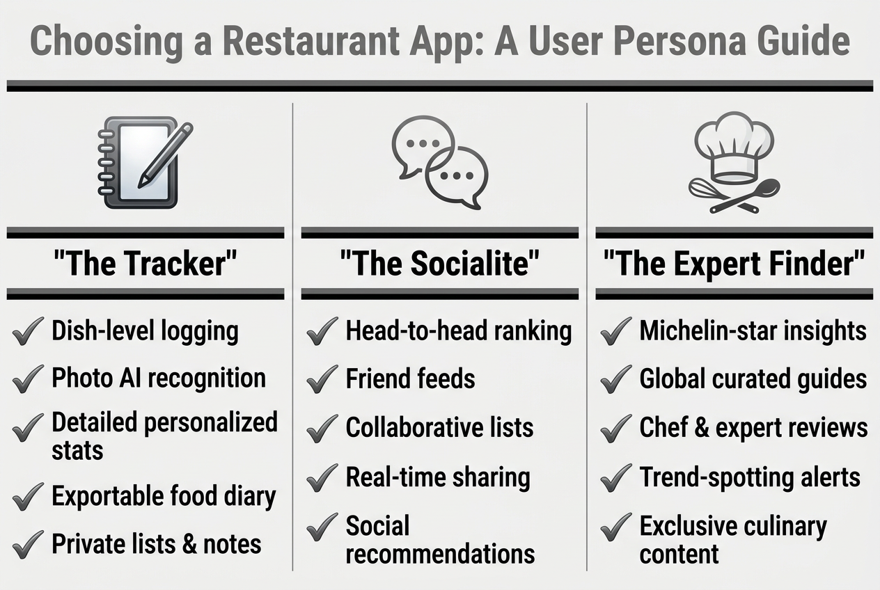 A decision-support infographic comparing three foodie personas: The Tracker, The Socialite, and The Expert Finder for restaurant app selection.