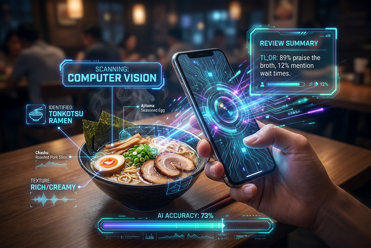 AI technology visualization showing smartphone image recognition identifying a bowl of ramen and generating an automated review summary.