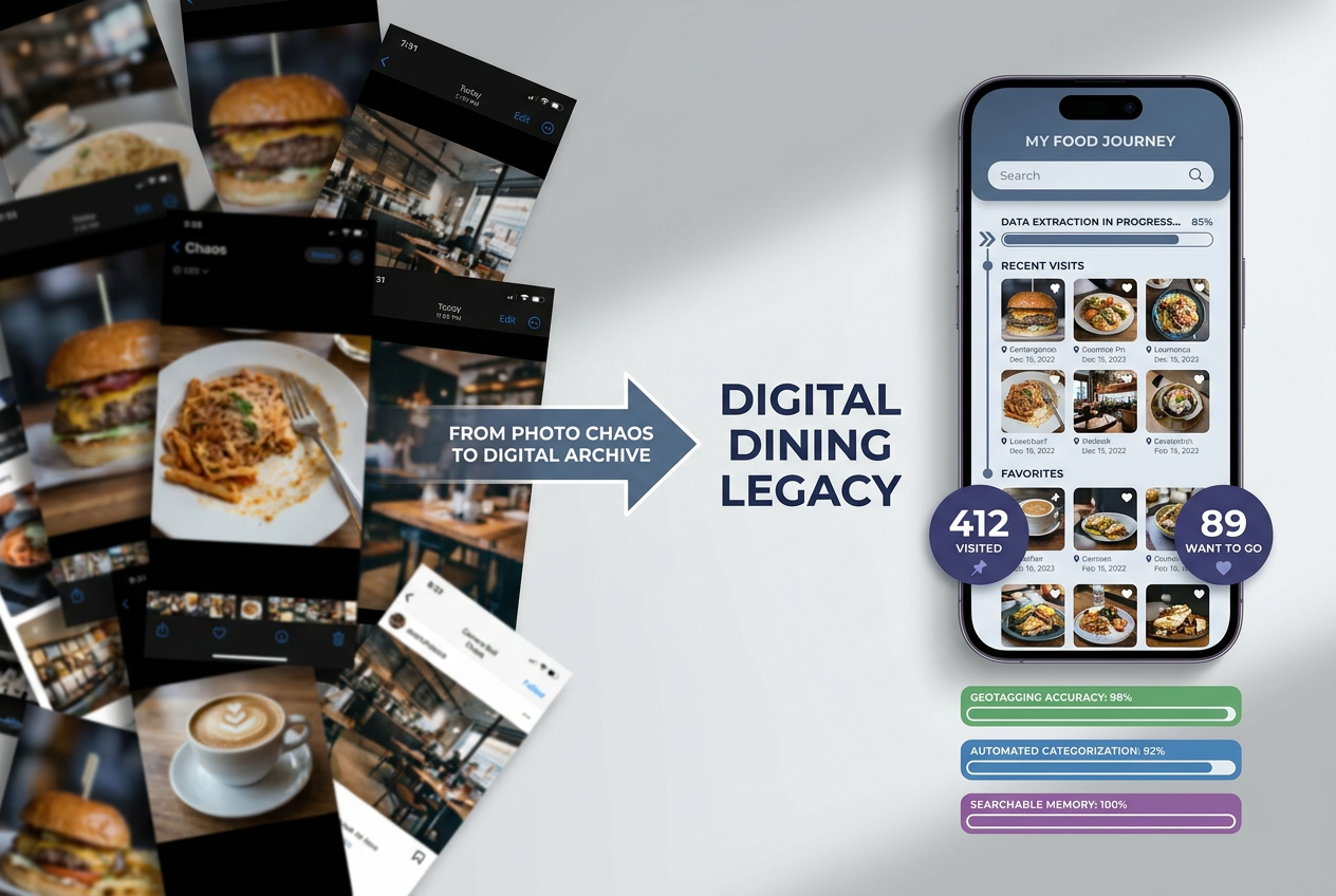 Comparison of a cluttered phone camera roll versus an organized restaurant tracking app interface showing geotags and dining statistics.
