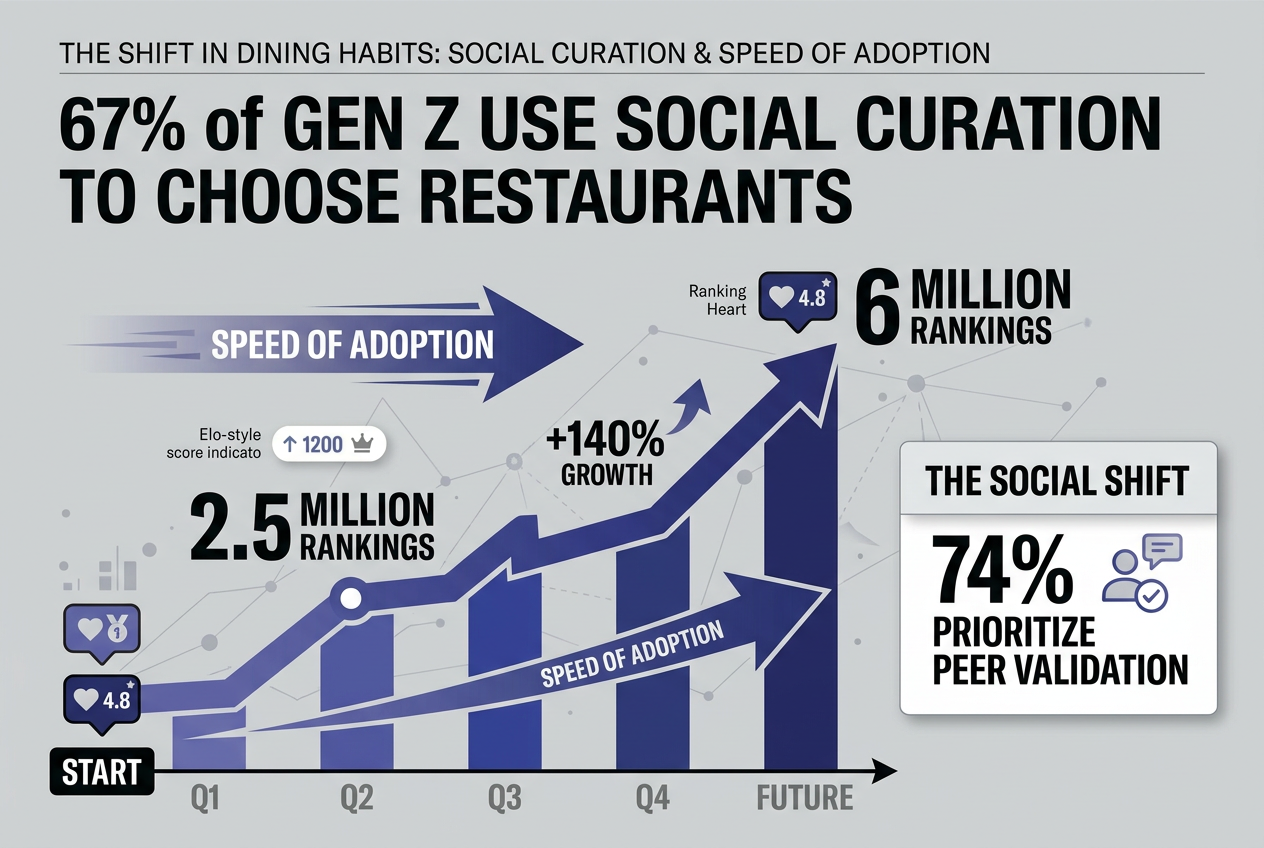 Growth chart showing Beli restaurant rankings increasing from 2.5 to 6 million, alongside statistics on Gen Z social dining habits.