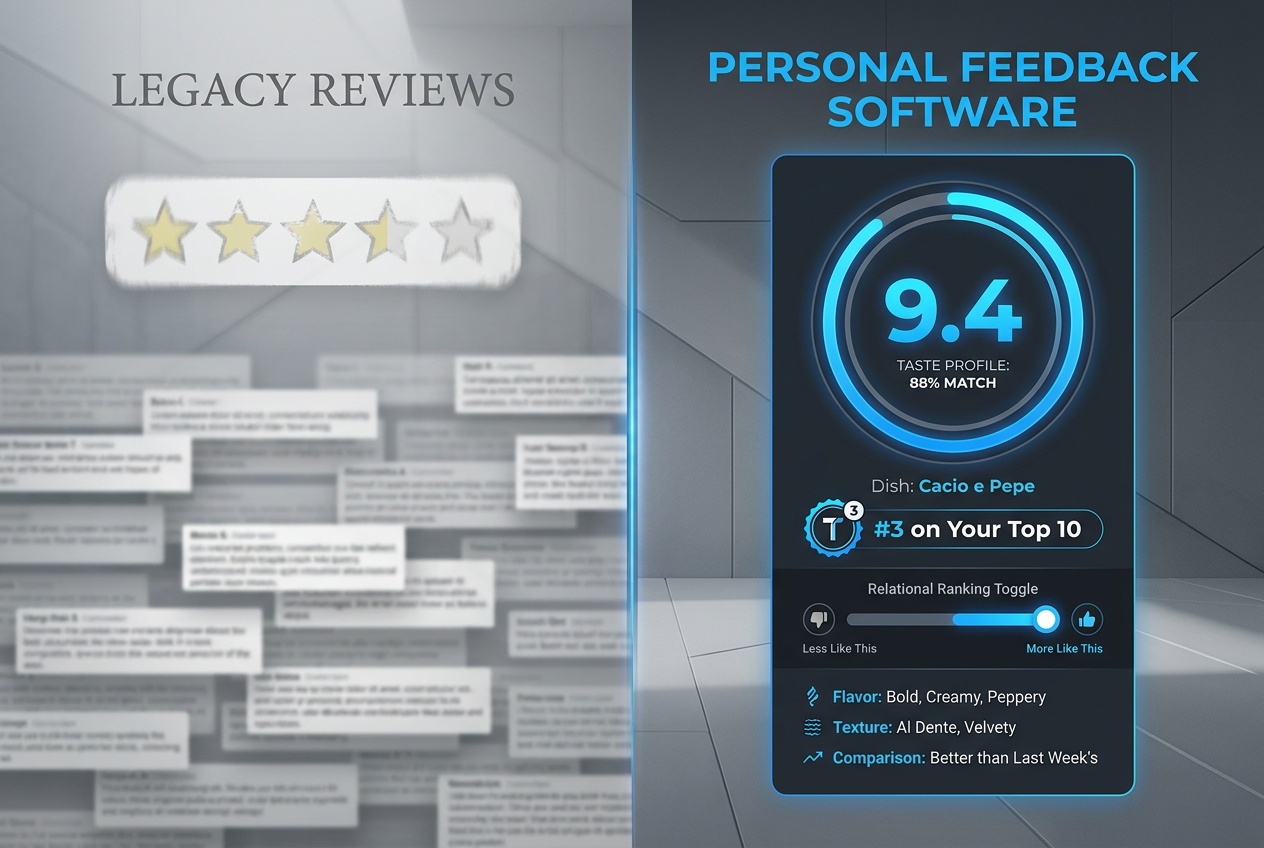 Comparison graphic showing the shift from legacy 5-star restaurant reviews to personal feedback software with dish-level scores and taste profiles.