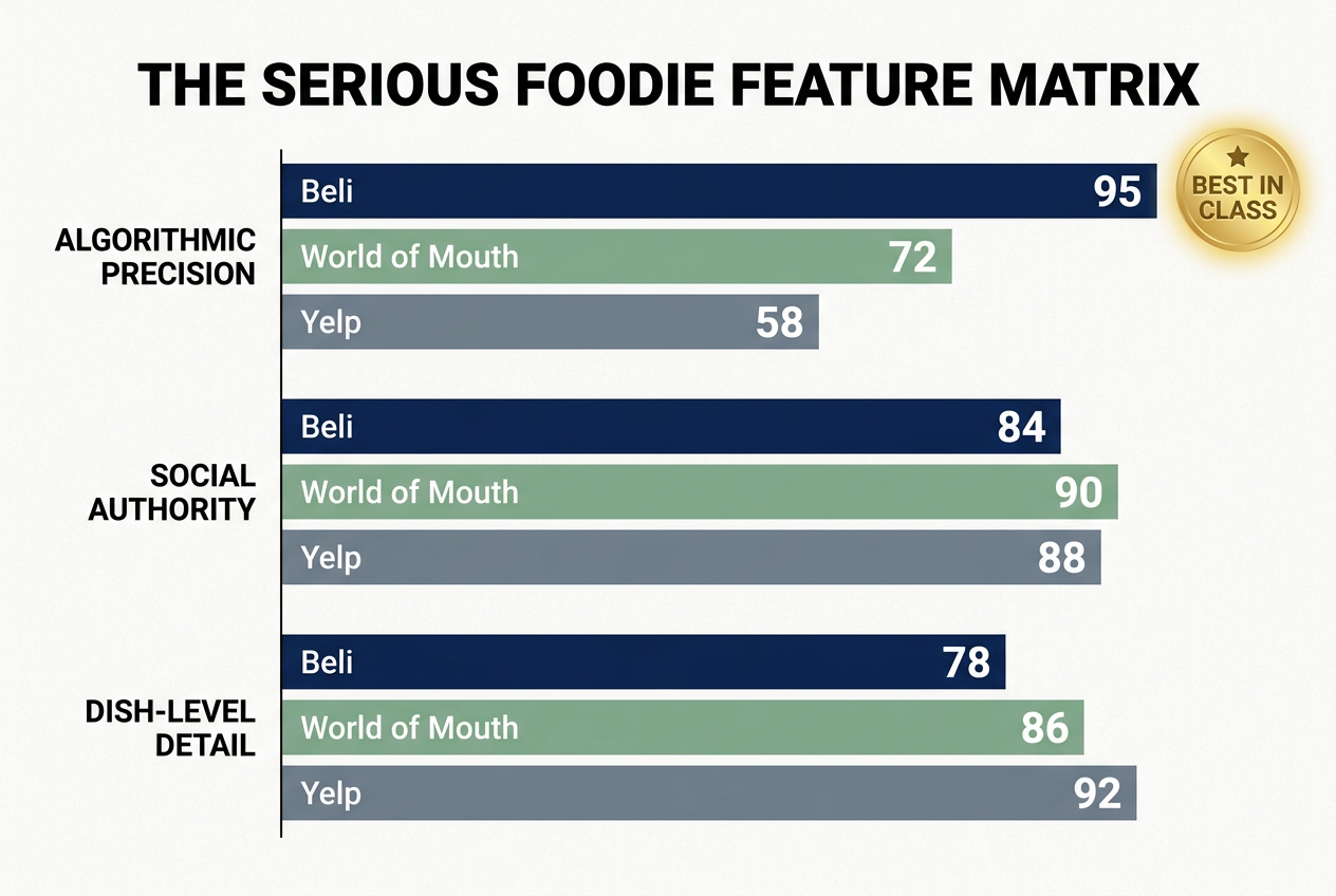 A bar chart comparing Beli, World of Mouth, and Yelp across social authority, algorithmic precision, and dish-level detail for food enthusiasts.