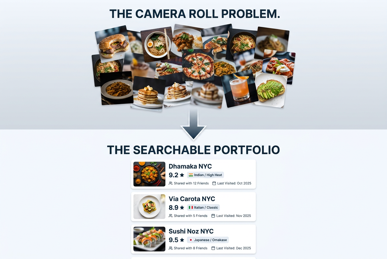 Visual representation of the transition from a messy smartphone camera roll to an organized, searchable personal restaurant database and portfolio.