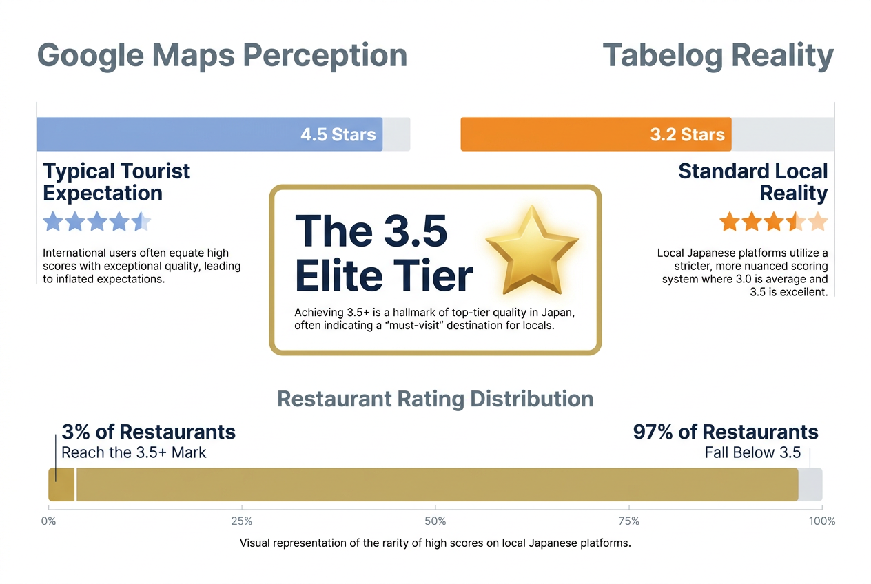 Infographic comparing Japan food review app ratings, showing the 3.5 star threshold versus typical 4.5 star Google Maps expectations.