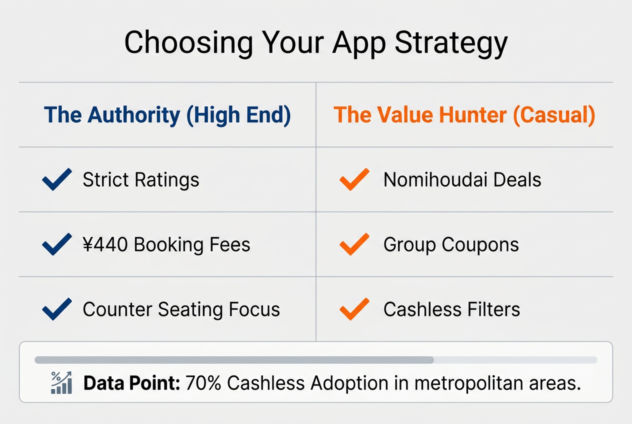 Comparison table for Japan food apps showing the differences between high-end authority apps and casual value-seeking deal apps.
