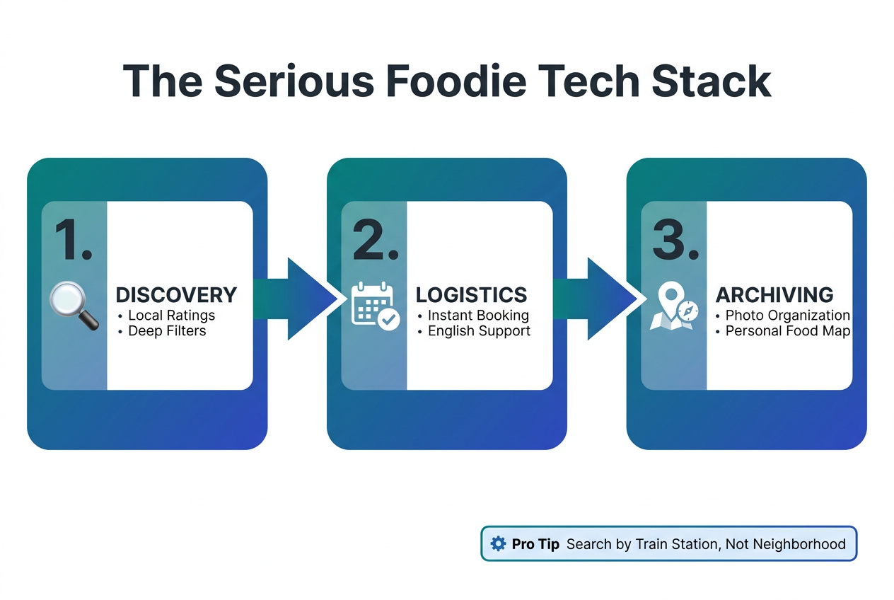 A technical workflow diagram showing the three stages of using Japan food apps: Discovery, Logistics, and Archiving for serious foodies.