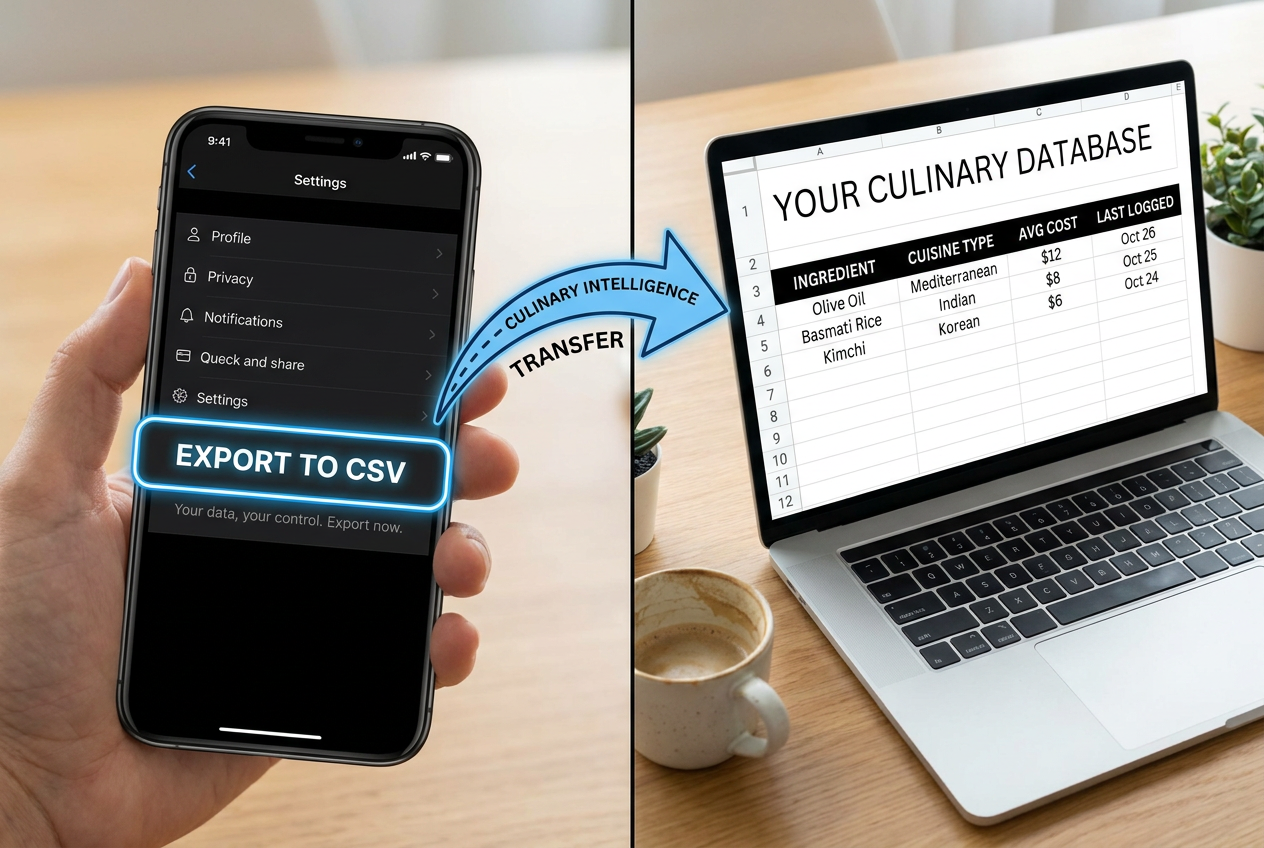 Take full control of your culinary history by exporting your meal logs to CSV for deep analysis in Excel, Notion, or Obsidian.