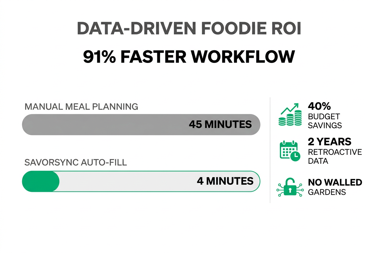 Switching to automated grocery list building saves the average foodie over 40 minutes per week while optimizing food spending and reducing waste.