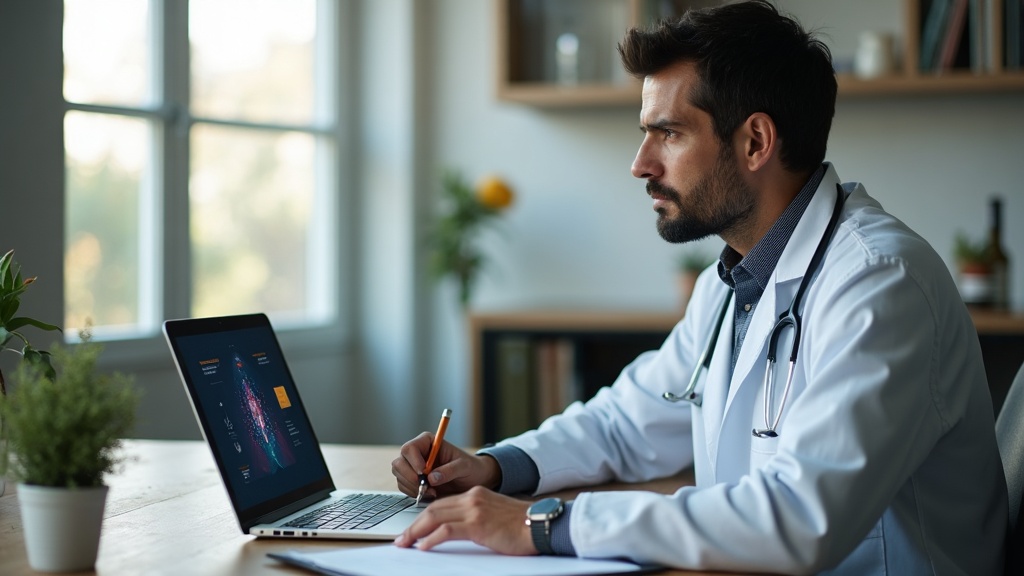 Médico usando notebook com ferramenta de IA aberta enquanto faz anotações em consultório.