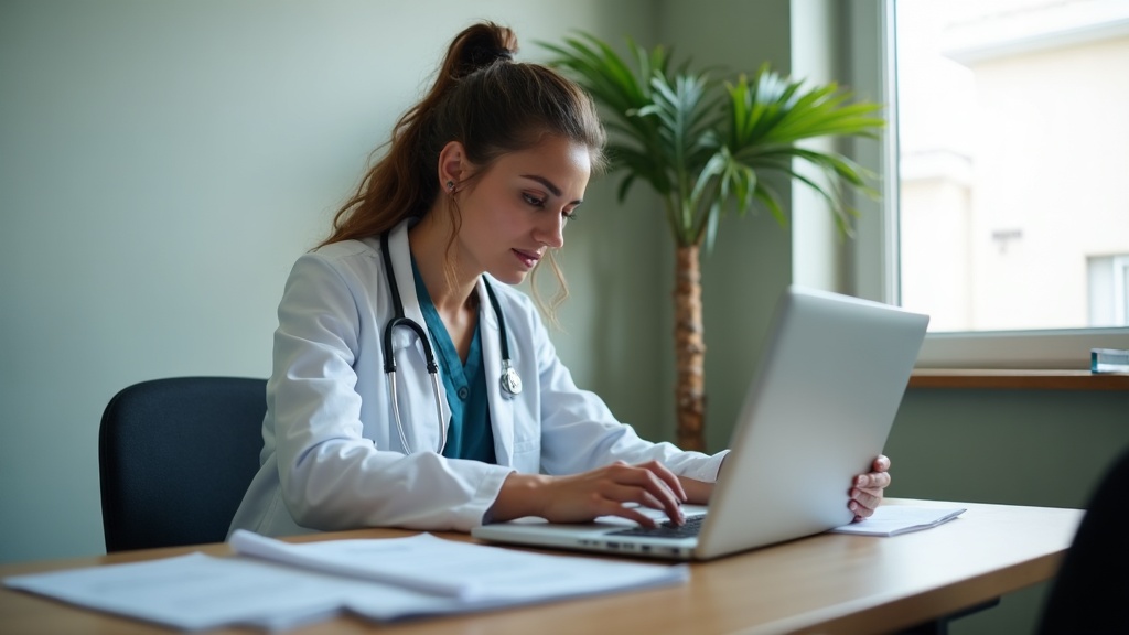 Médica revisando artigo em notebook ao lado de redator em consultório brasileiro.