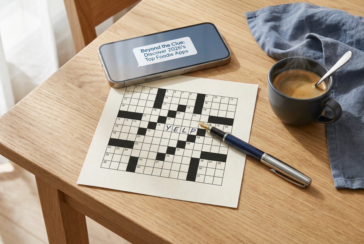 Crossword puzzle grid showing the 4-letter answer YELP for the restaurant and business clue, next to a smartphone and coffee cup.