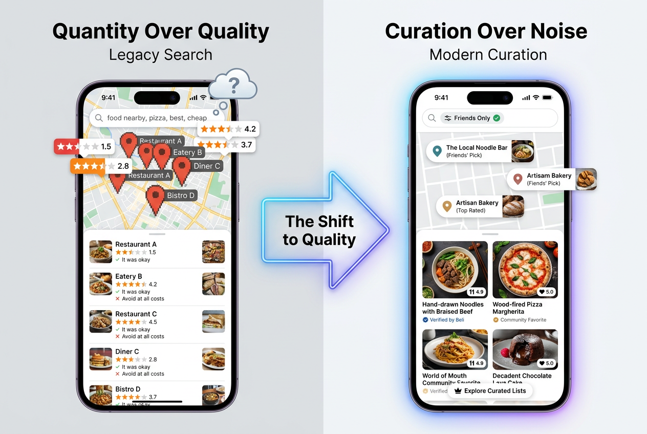 Comparison graphic showing the difference between noisy legacy review apps and modern, curated restaurant tracking apps for foodies.
