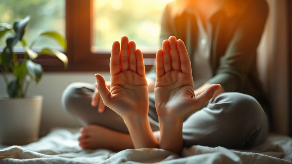 Mains ouvertes en posture de méditation, lumière naturelle de l'après-midi filtrée par une fenêtre
