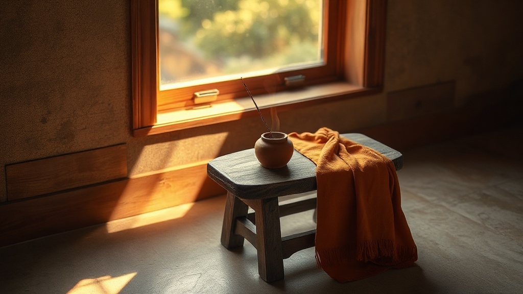 Coin de méditation simple avec tabouret en bois et encens allumé dans la lumière matinale