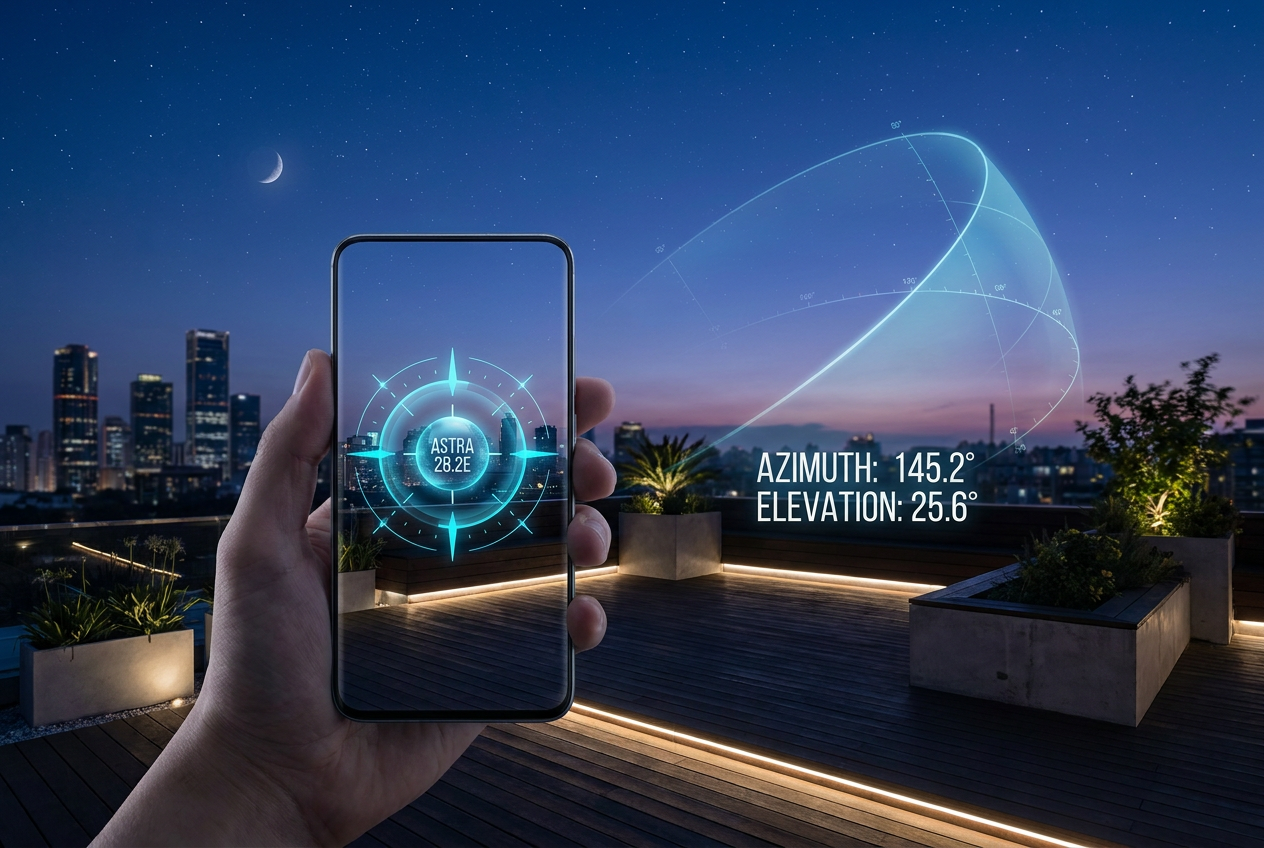 A smartphone using an AR satellite finder app to locate the Astra 28.2E orbital position in the sky with digital crosshairs and coordinates.