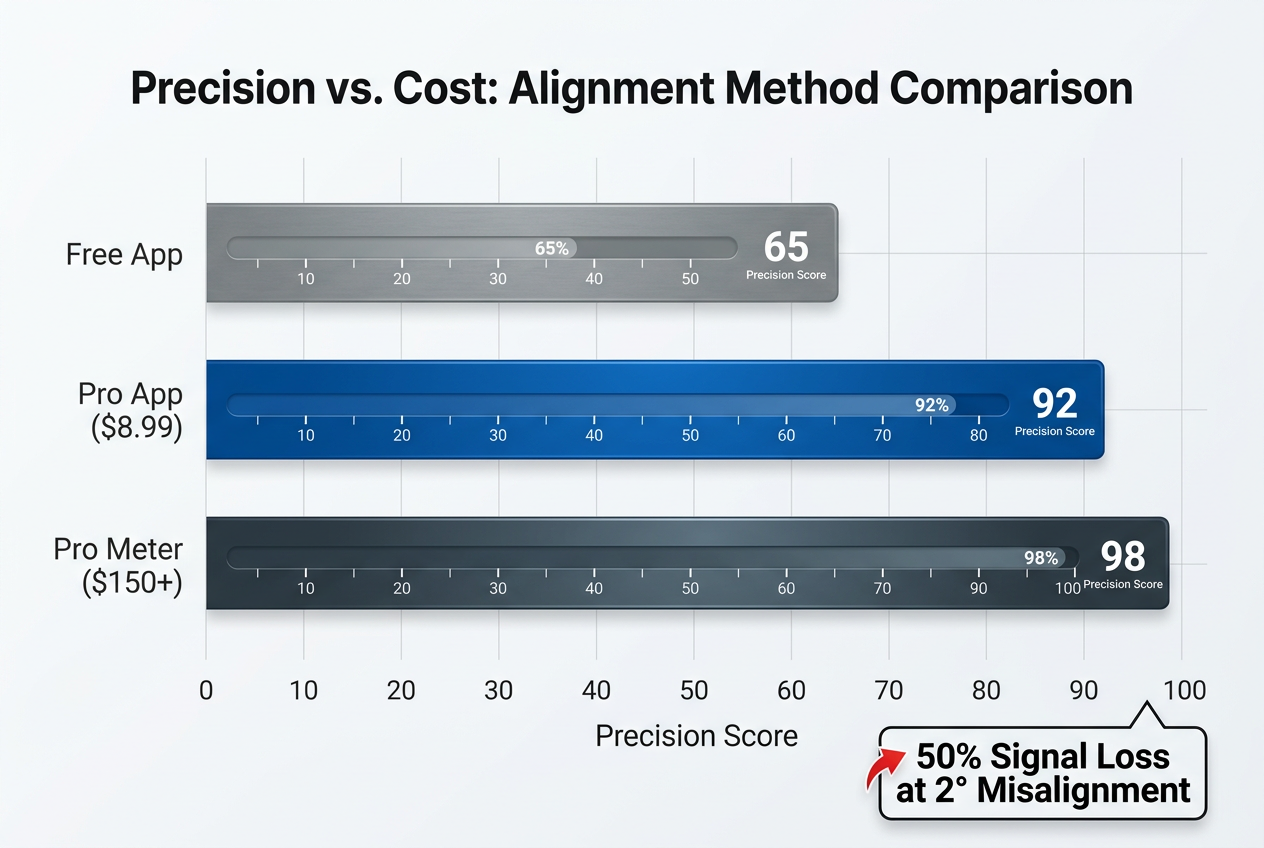 A horizontal bar chart comparing the precision scores of free apps, professional apps, and hardware meters for satellite dish alignment.