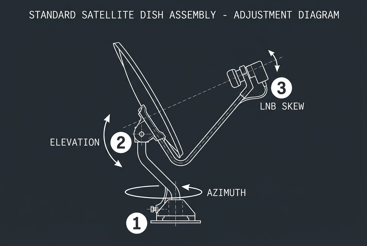 Technical diagram showing the three adjustment points of a satellite dish: Azimuth, Elevation, and LNB Skew for Astra 28.2E alignment.