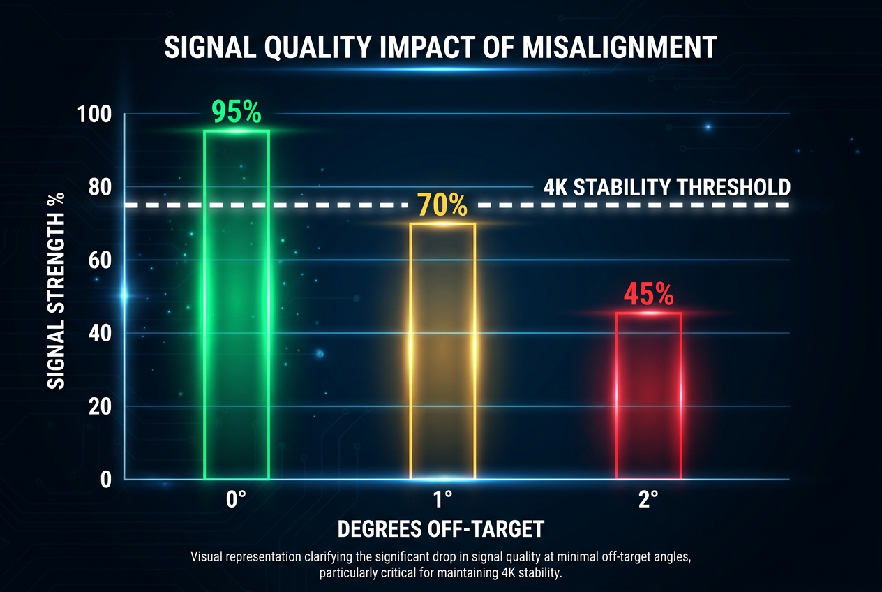 A vertical bar chart showing how signal strength drops from 95% to 45% when a satellite dish is only 2 degrees out of alignment.