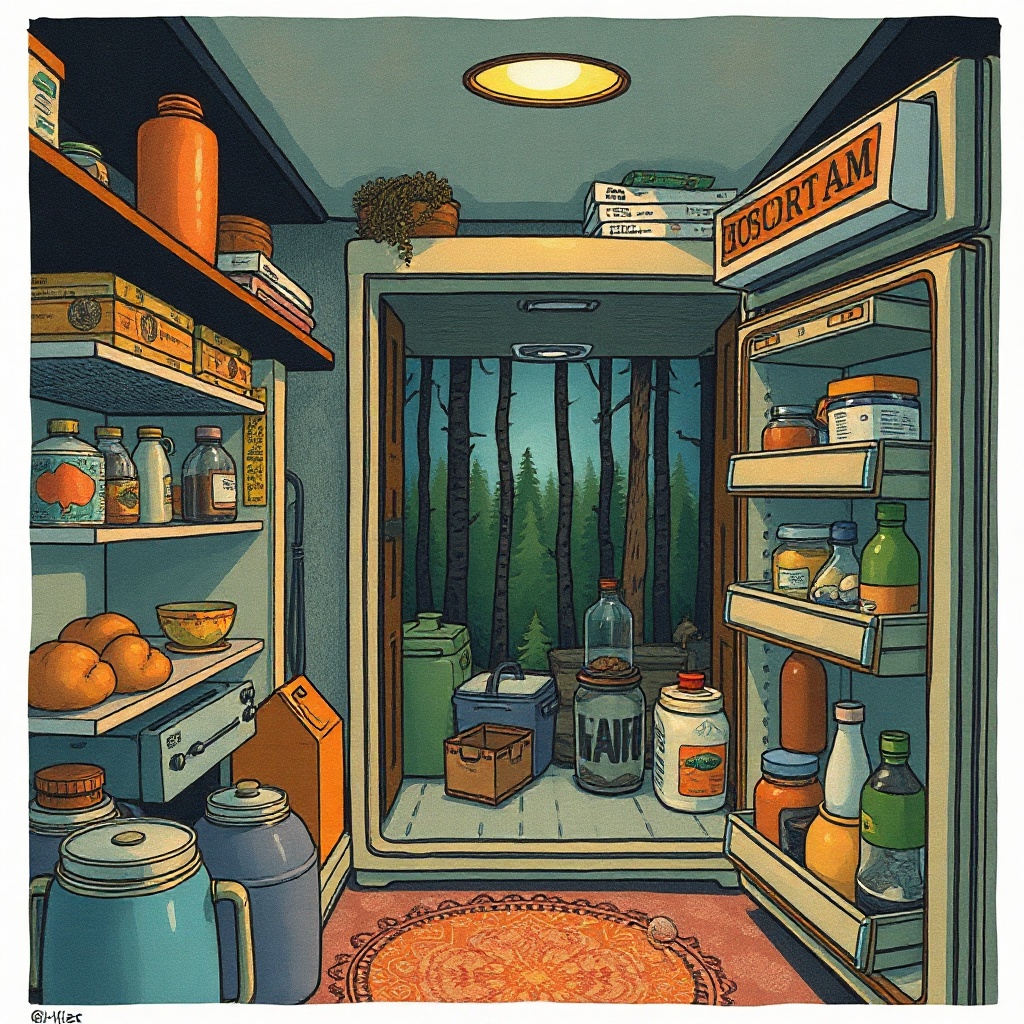 A photocopied likeness of the inside of a refrigerator at three in the morning. A pale rectangle of light. Jars holding their breath. The cold coming out like a small congregation.