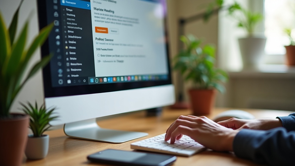 Profissional ajustando SEO on-page de artigo antigo no WordPress em ambiente de escritório.