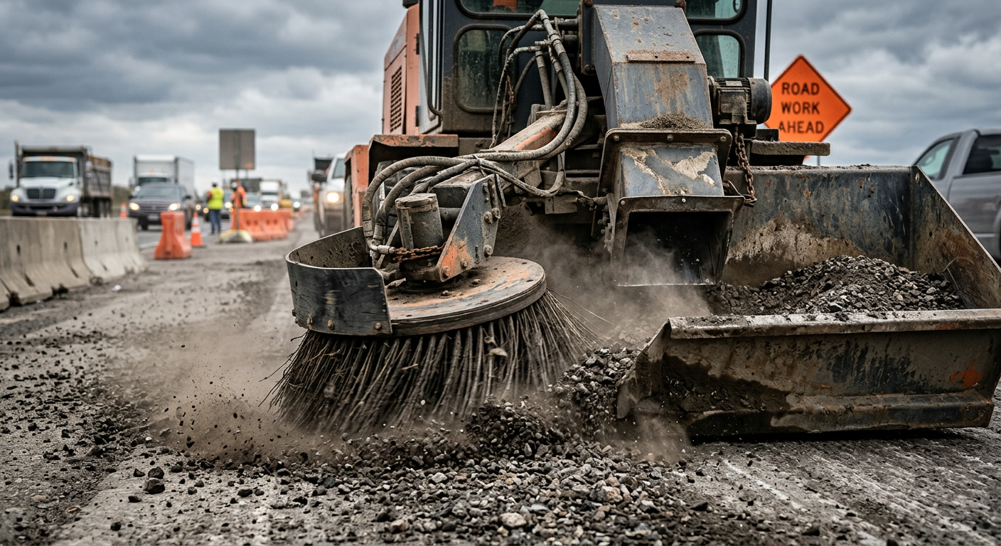 High-detail photorealistic close-up of a mechanical broom sweeping coarse asphalt millings into a hopper on a highway shou...