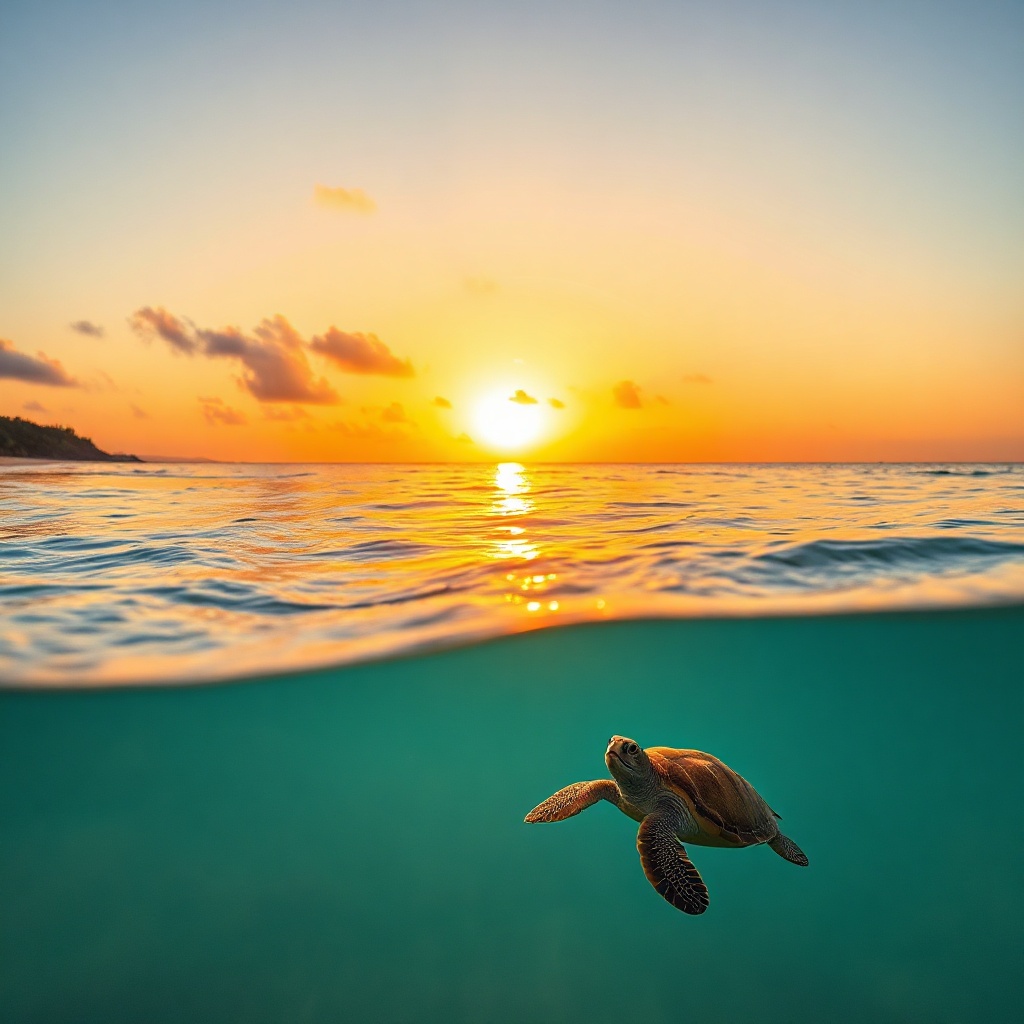 A beach with a sunset and one sea turtle and fish in the water