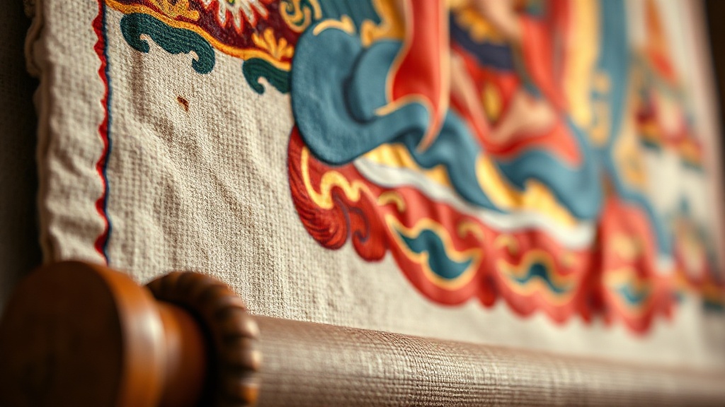Close-up detail of mineral pigment brushwork on a traditional Tibetan thangka cotton canvas