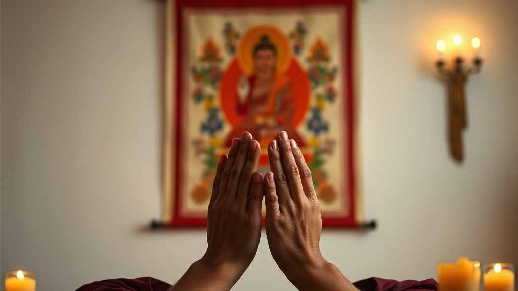 Practitioner's hands in dhyana mudra during seated meditation in front of a Tibetan thangka painting