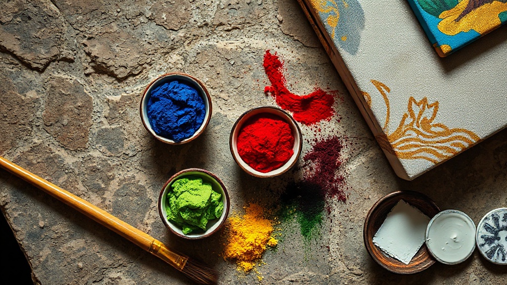 Traditional Tibetan thangka mineral pigments in small stone bowls beside a fine painting brush