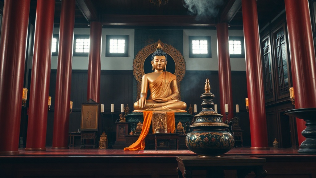 Statue de Bouddha dorée sur l'autel principal d'une salle de culte bouddhiste chinoise