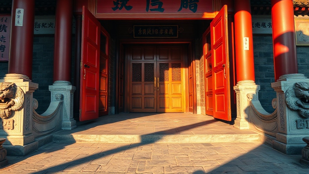 Porte d'entrée du temple Guangji à Pékin, bois laqué rouge et seuil en pierre sculptée