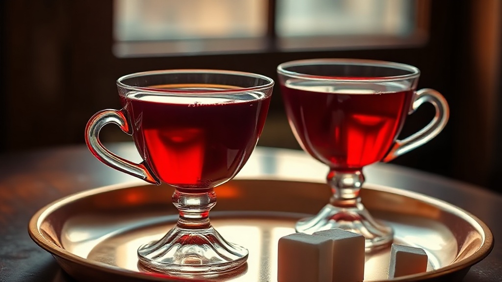 Deux verres de çay turc rouge rubis en forme de tulipe sur un plateau de cuivre