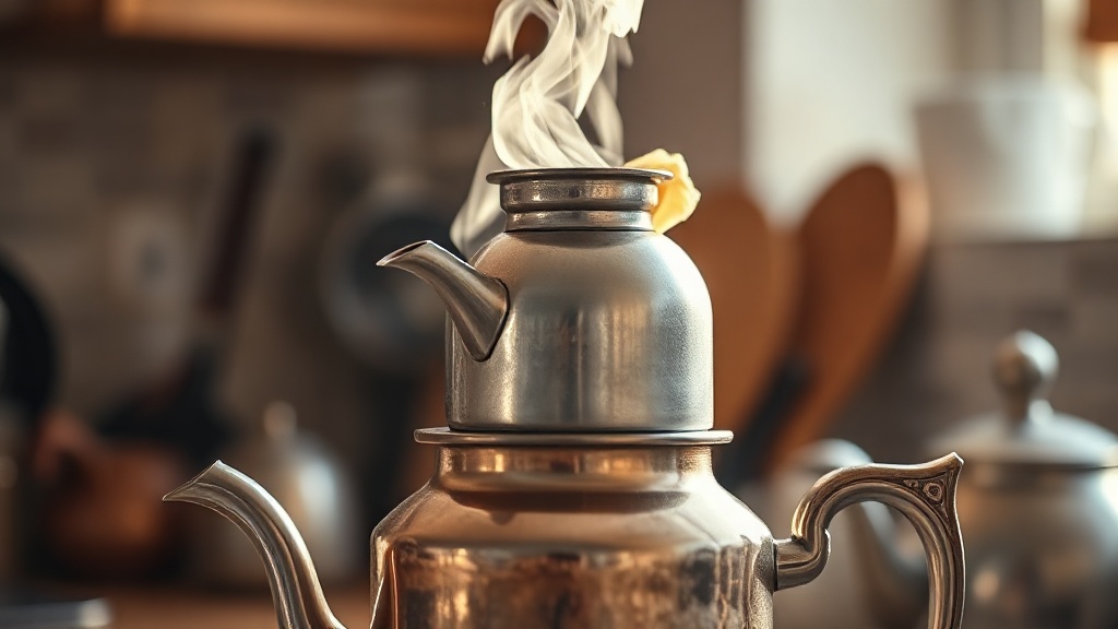 Çaydanlık à deux étages avec vapeur montant pendant l'infusion du thé turc