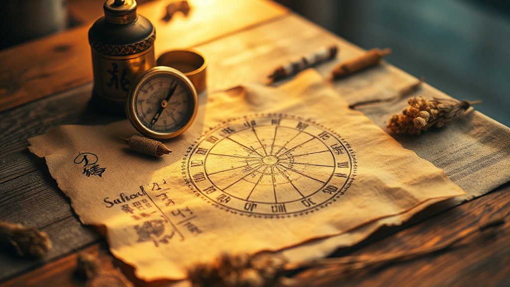 Feng shui bagua map on aged parchment with a compass on a wooden table