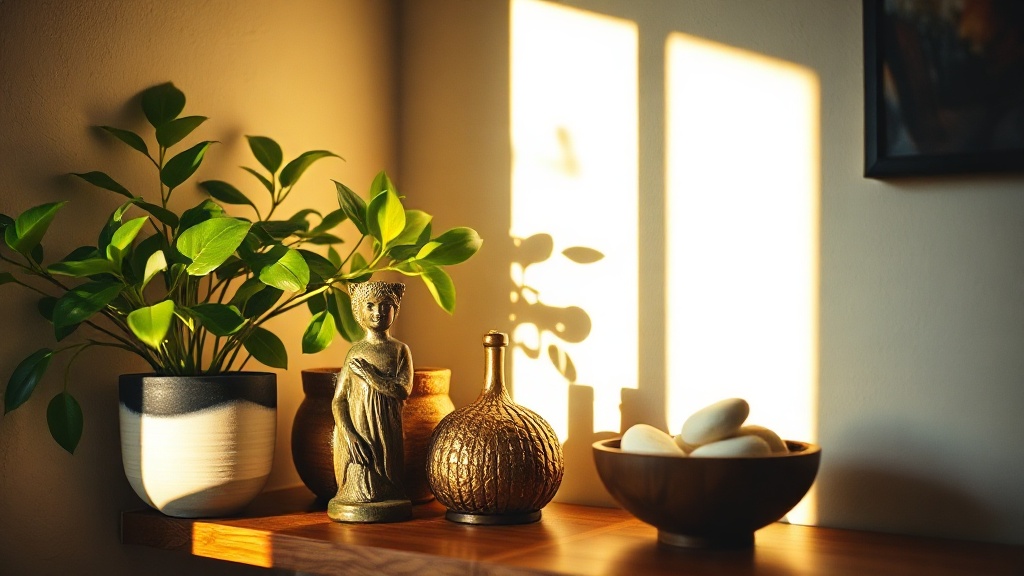 Corner shelf with green plant, golden figurine and wooden bowl for feng shui wealth corner setup