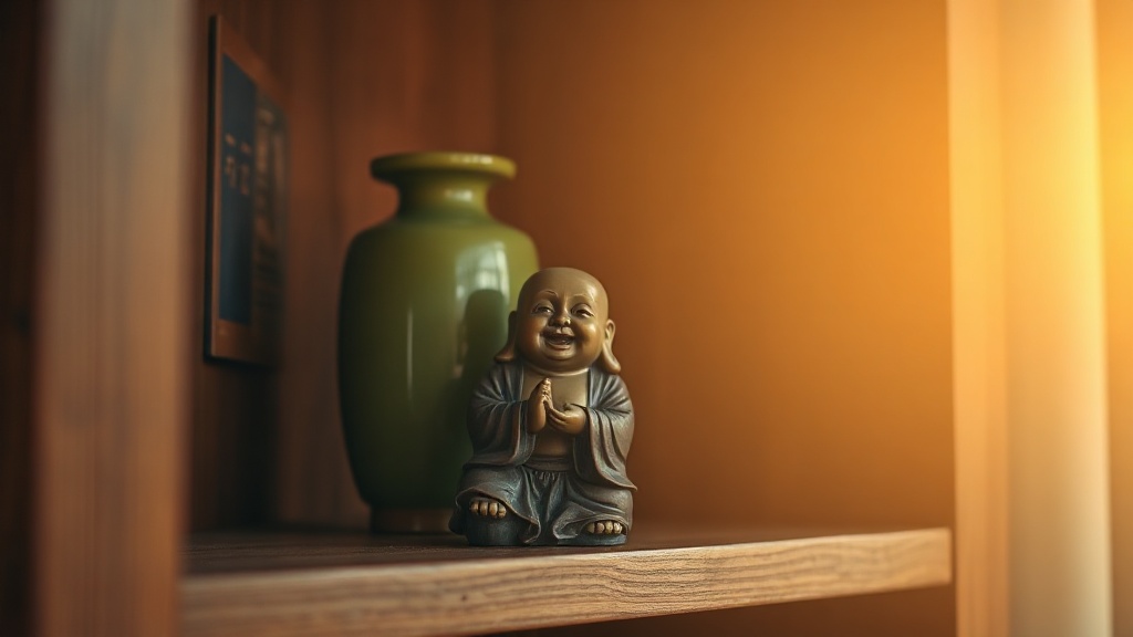 Hands placing a small statue and green ceramic vase on a wooden shelf for a feng shui corner