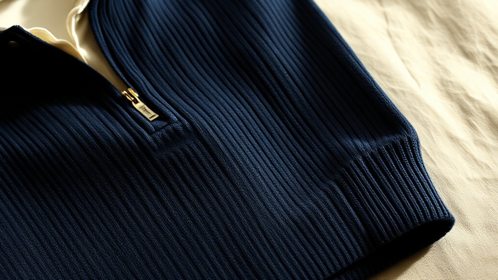 Navy merino half-zip sweater folded beside a white oxford cloth shirt on a linen surface
