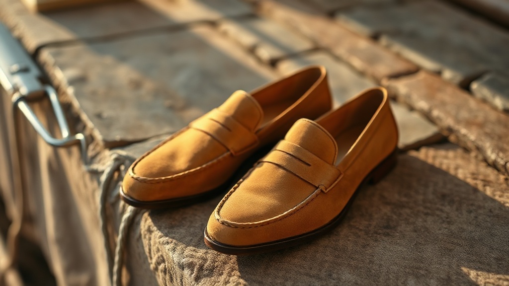 Tan suede loafers on a herringbone cloth surface, warm light revealing texture and silhouette
