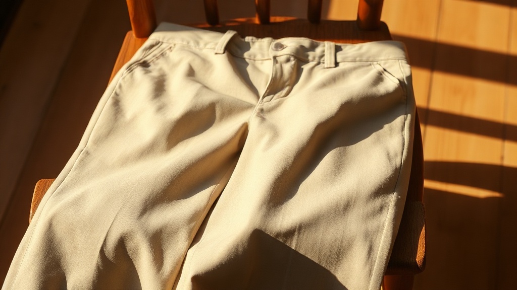Light sand wide-leg tailored trousers draped over a wooden chair in warm afternoon light