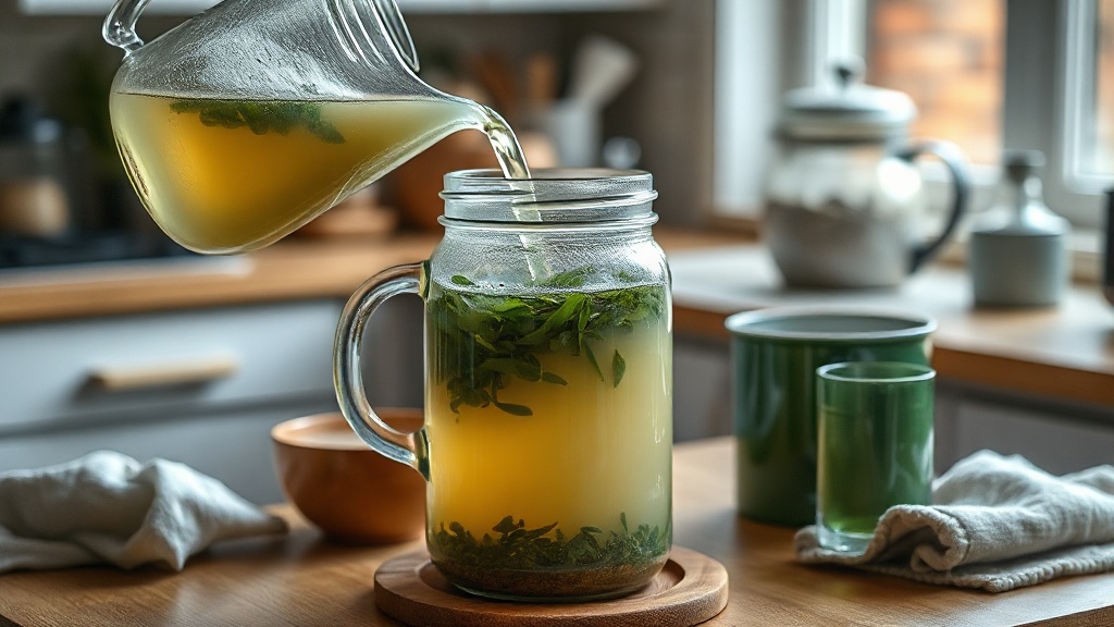 Versement de thé vert infusé dans un grand bocal de fermentation pour kombucha maison