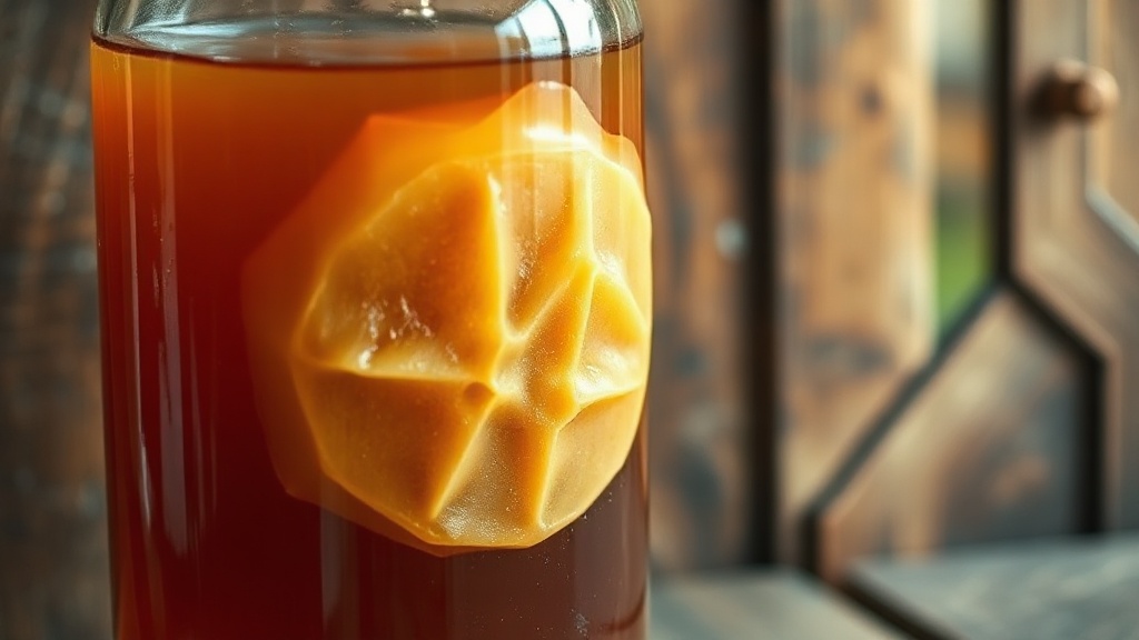 SCOBY de kombucha flottant dans un bocal en verre rempli de liquide ambré