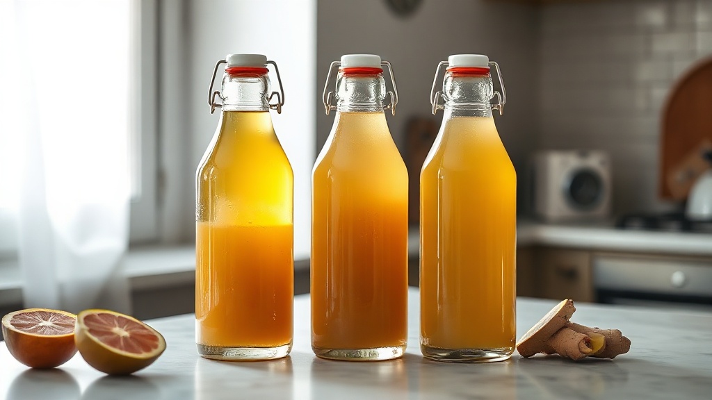 Bouteilles de kombucha thé vert maison prêtes pour la seconde fermentation, avec fruits et gingembre
