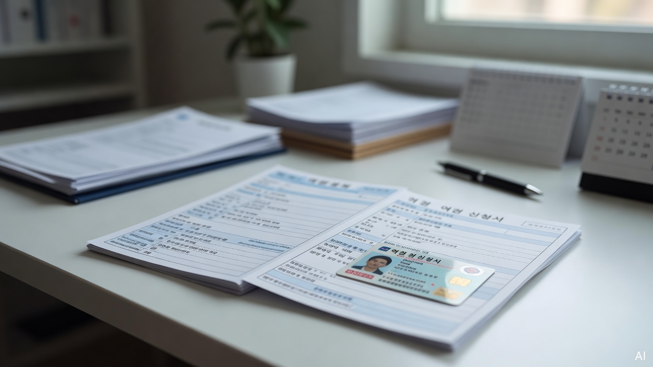 passport application documents and ID card laid out on a white desk