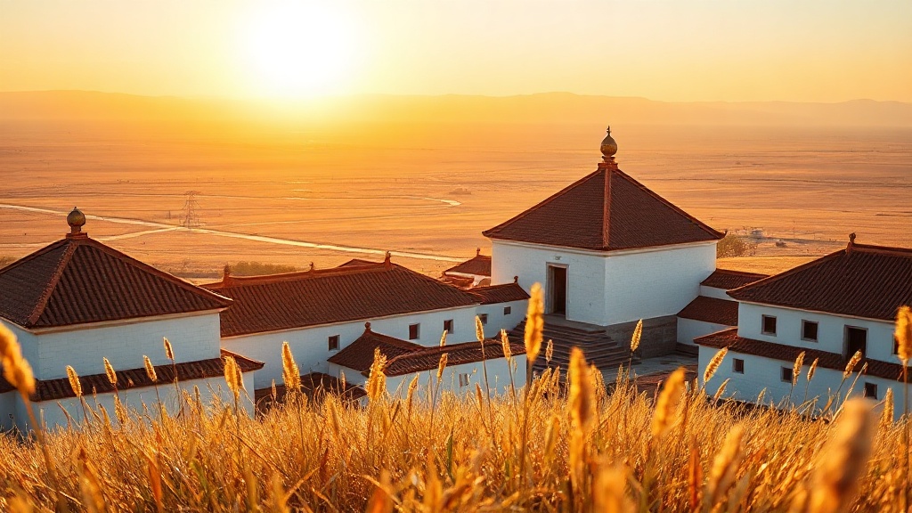 Toits dorés du monastère Wudang Zhao au lever du soleil sur la steppe de Mongolie-Intérieure