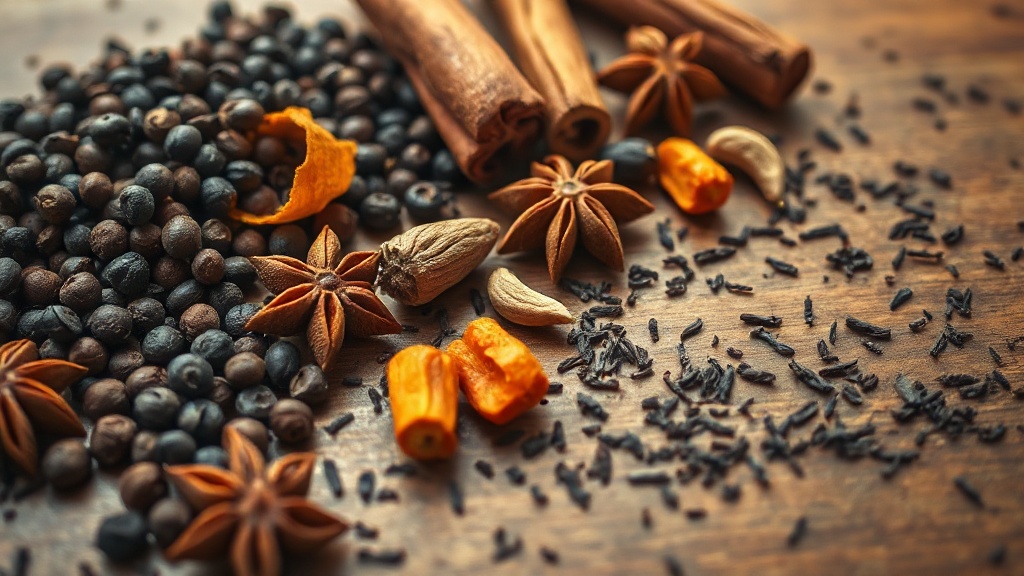 Épices entières pour mélange de thé de Noël épicé : poivre, cannelle, badiane, girofle, zeste d'orange